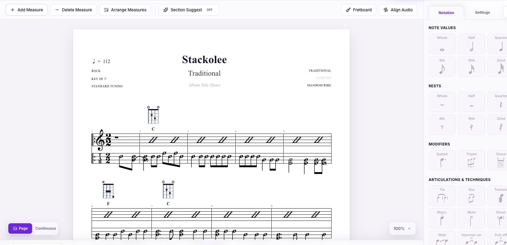 Current MandoScribe Editor displaying a mandolin score with standard notation, TAB, chord diagrams, and notation tools