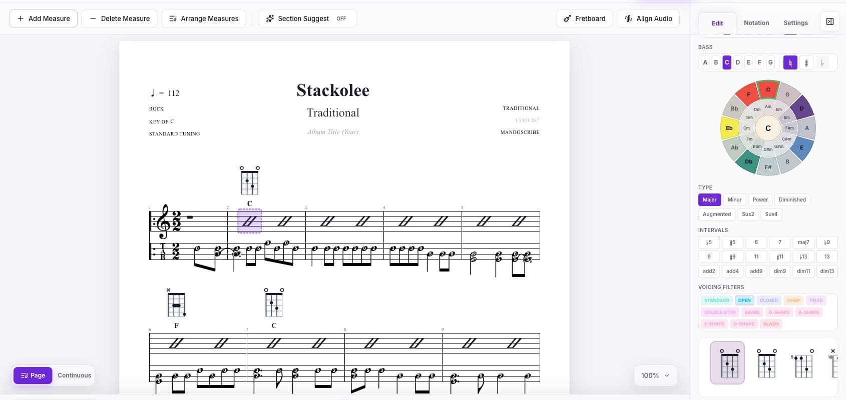 MandoScribe chord selector showing Open voicing selected and a filtered row of playable C chord diagrams