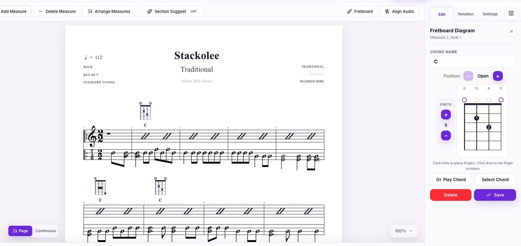MandoScribe fingerboard editor open beside a score with chord name, position, fret, finger, playback, and save controls
