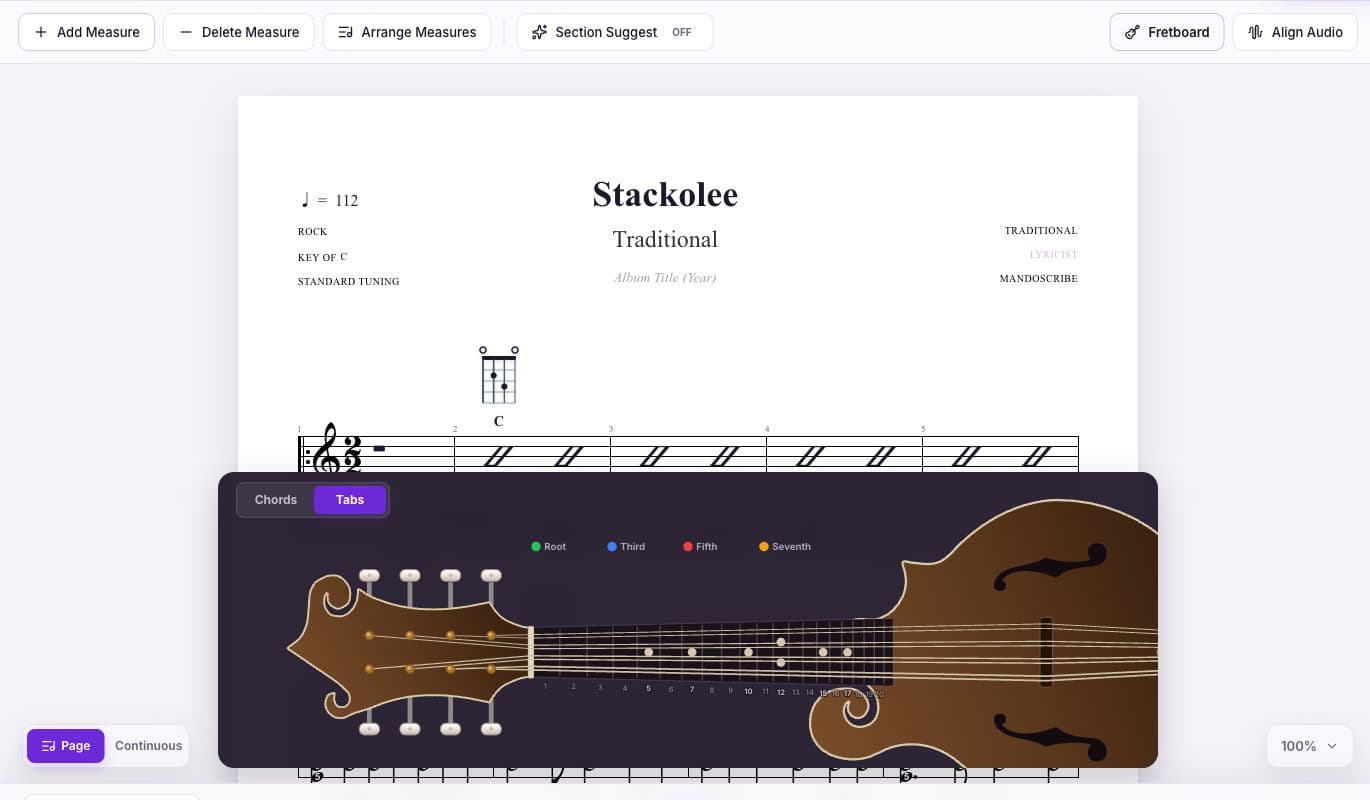MandoScribe continuous score with the interactive mandolin fretboard view open below the TAB