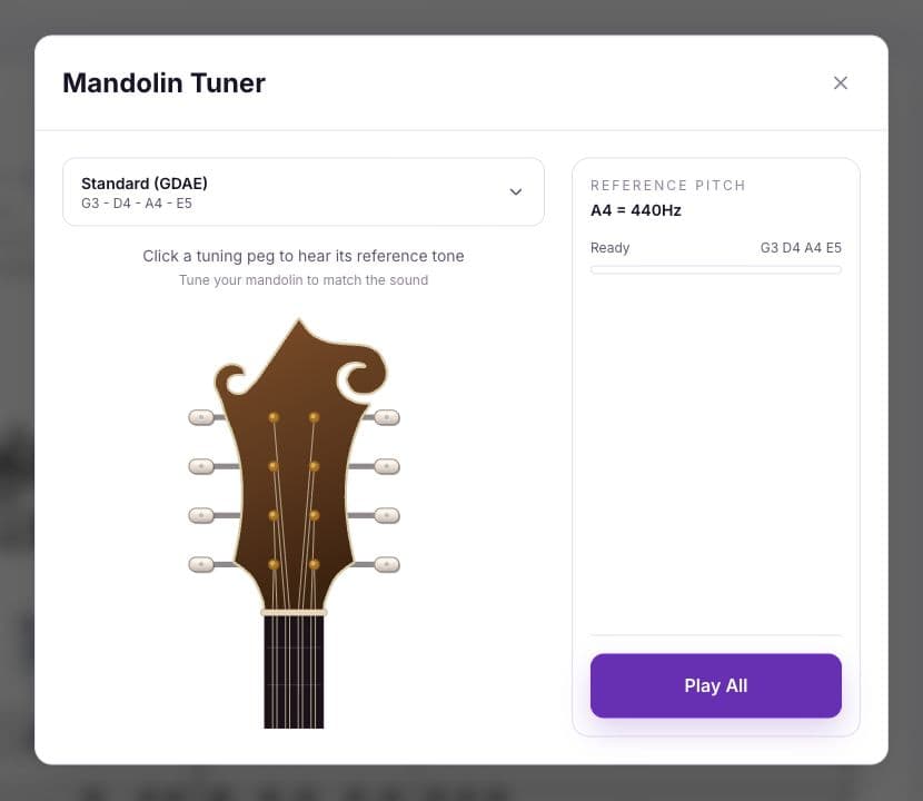 MandoScribe mandolin tuner with reference tones for the G, D, A, and E strings