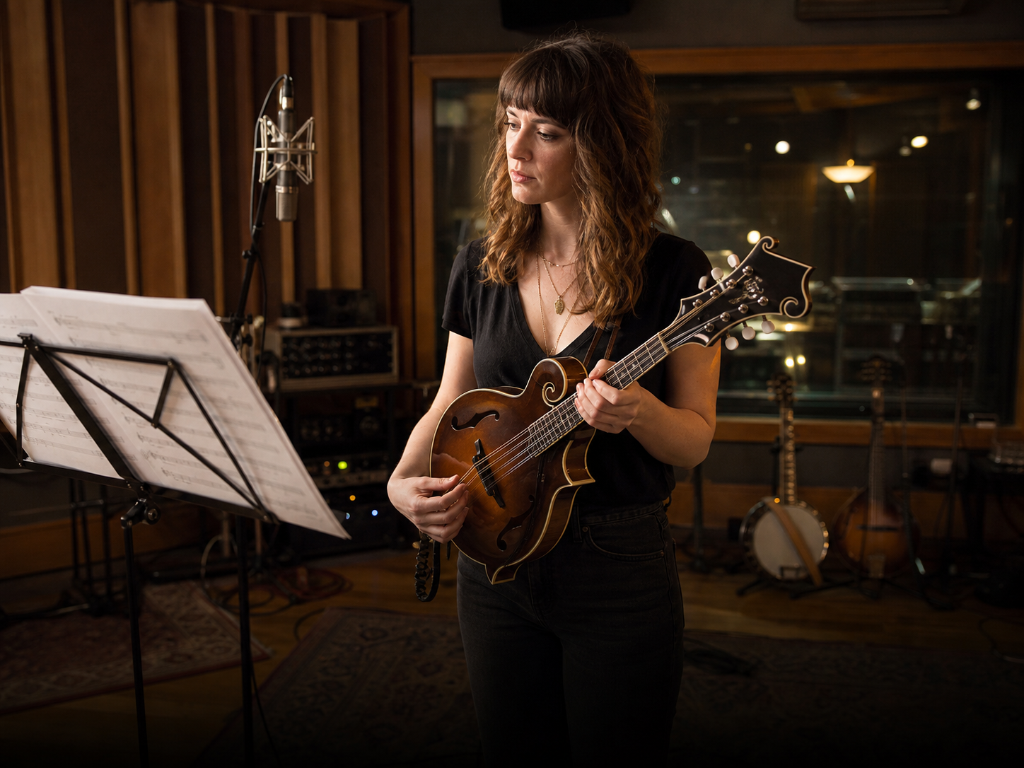 A white woman session musician holding a mandolin and studying sheet music