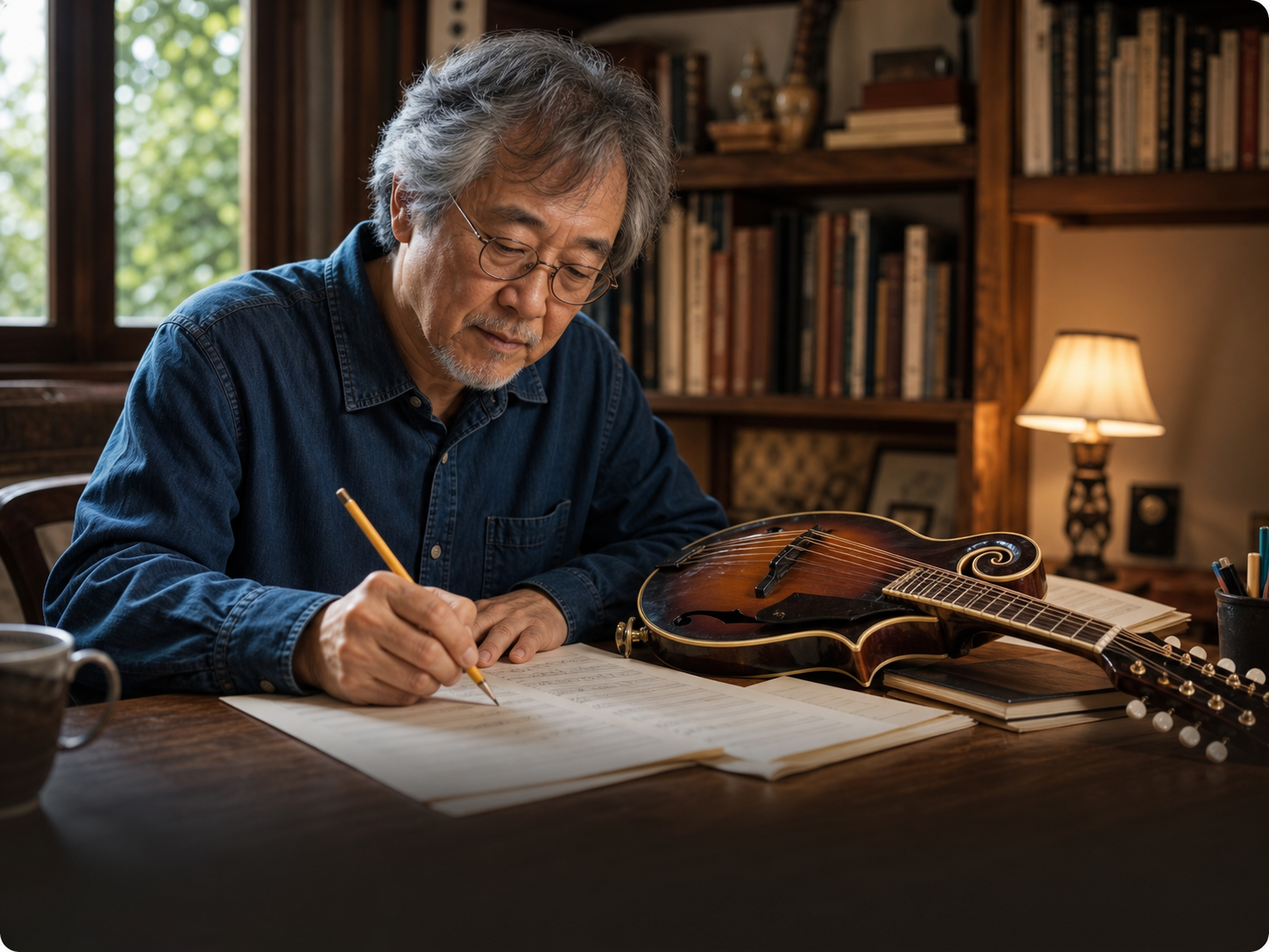 An older East Asian songwriter writing a mandolin part