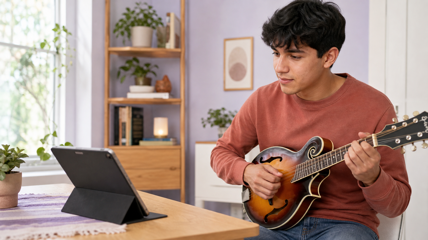 A Latino student learning mandolin with a tablet