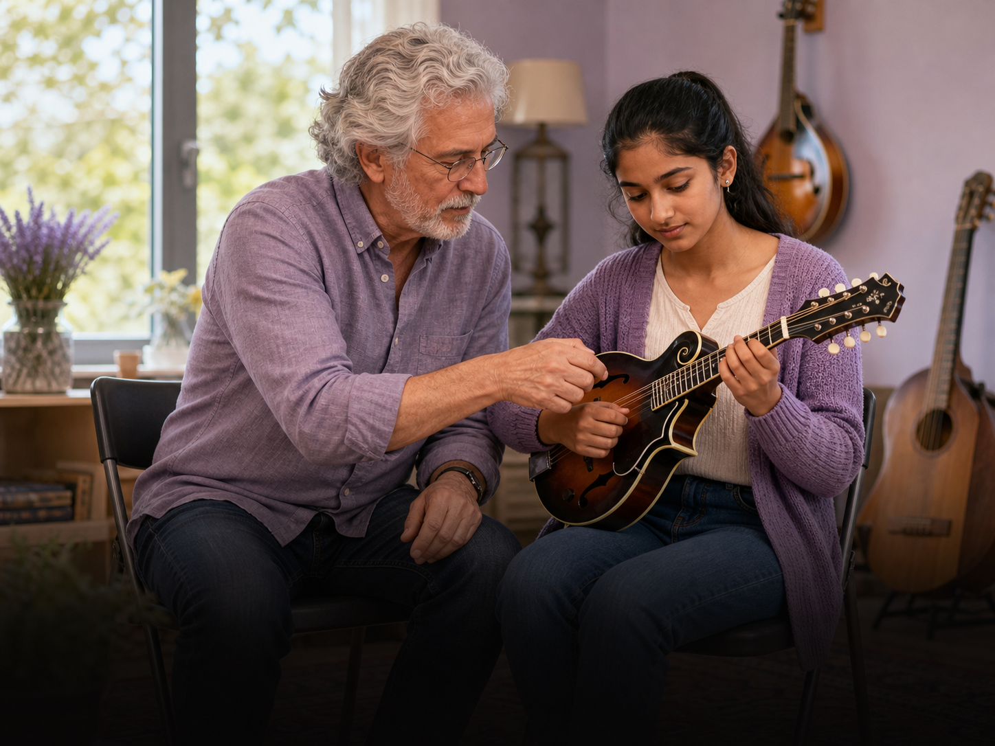 An older white mandolin teacher teaching an Indian girl
